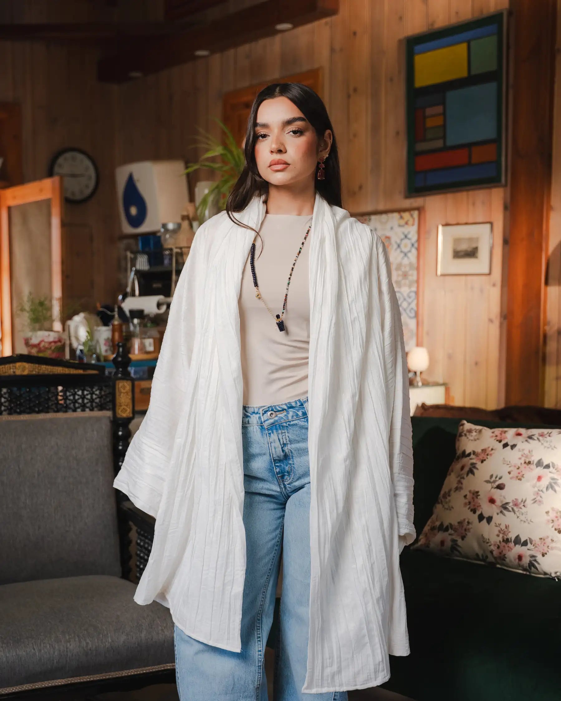 Golden crushed cardigan in white