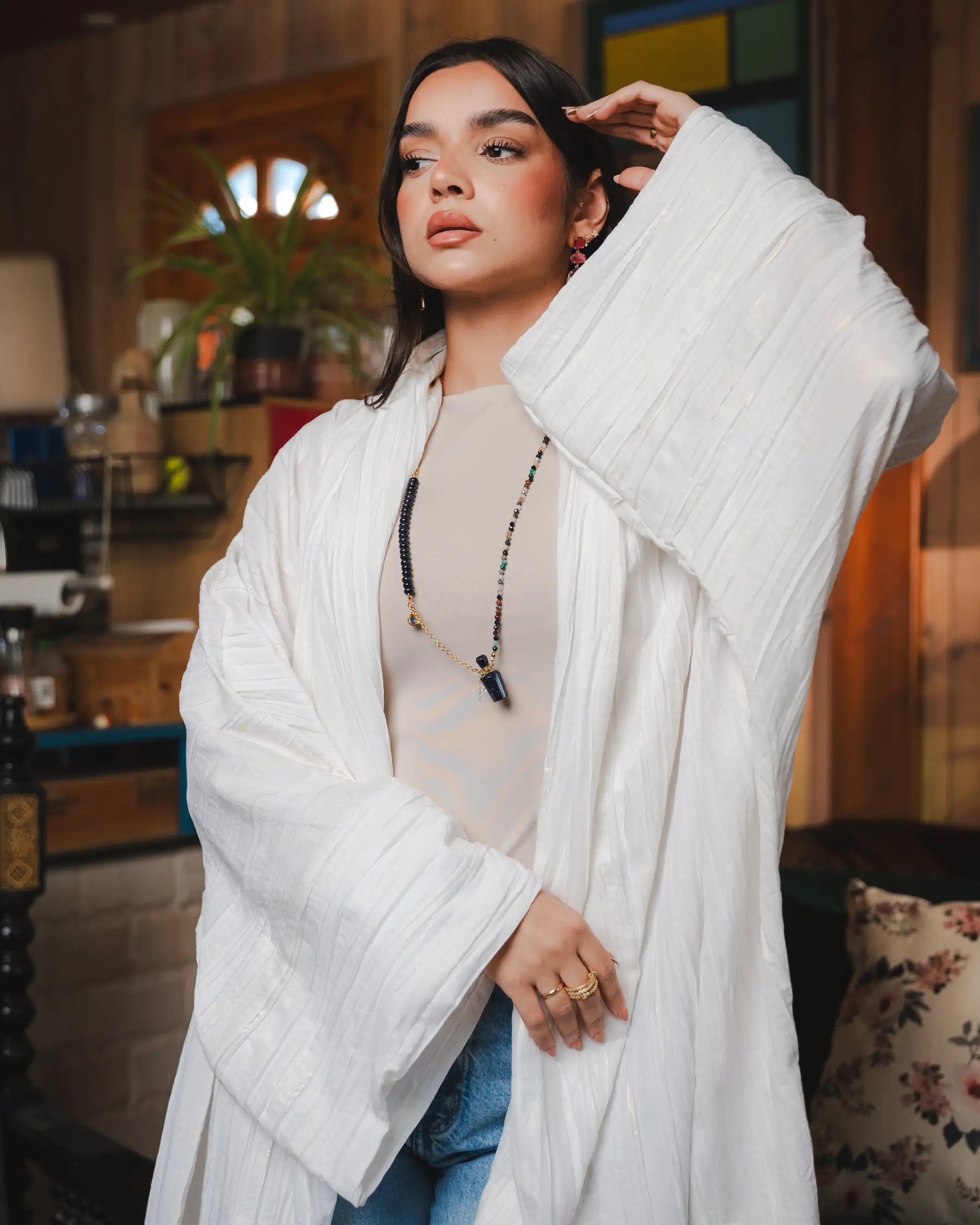Golden crushed cardigan in white