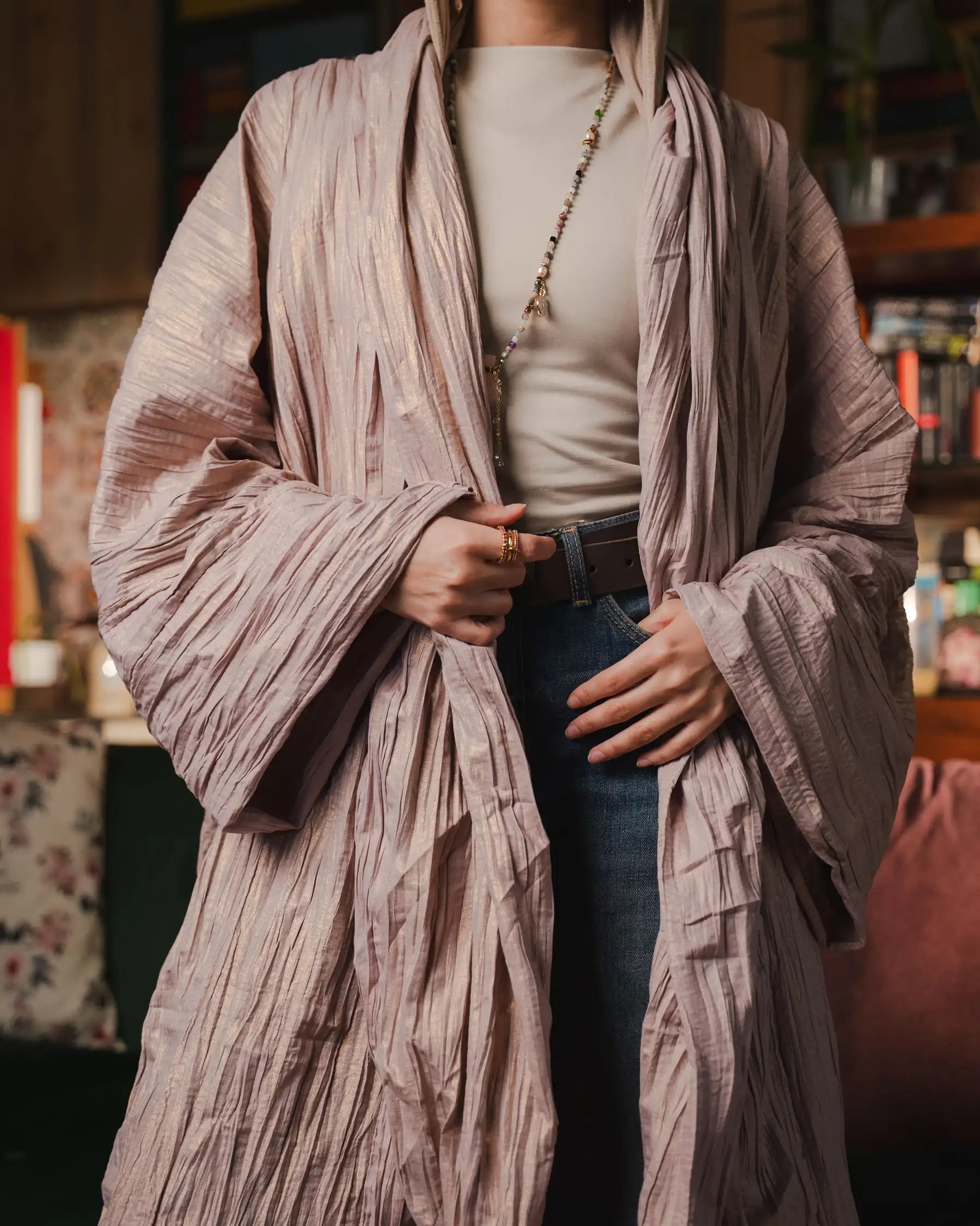 Golden crushed cardigan in cashmere pink